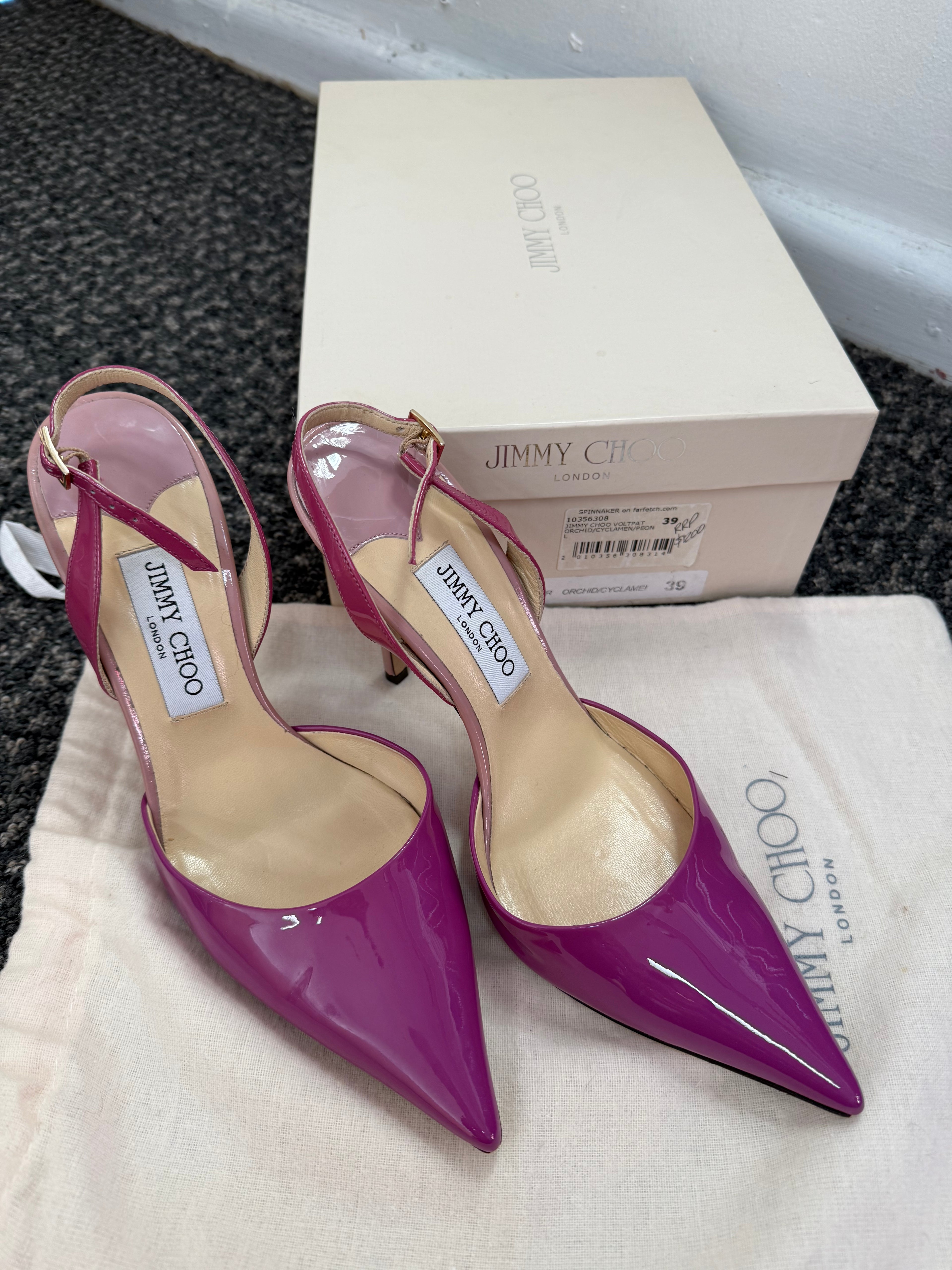 Jimmy Choo Volt Patent Pointed Slingback kitten heel, Orchid/Cyclamen.