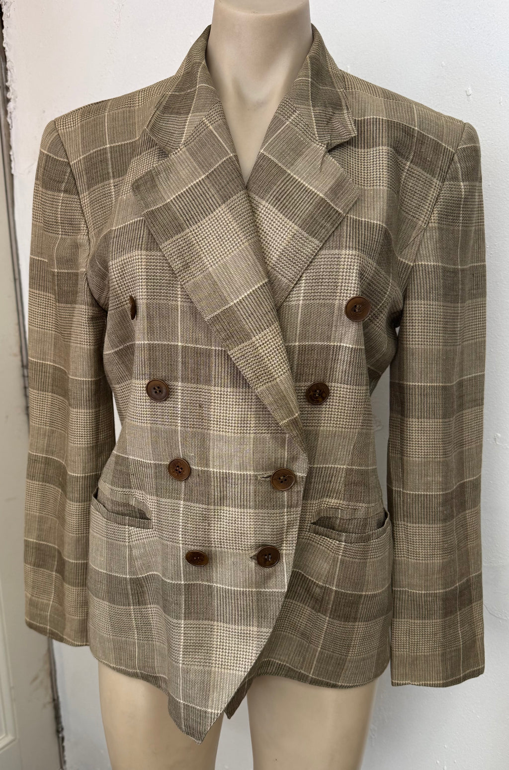 Escada Double Breasted Plaid Linen Jacket