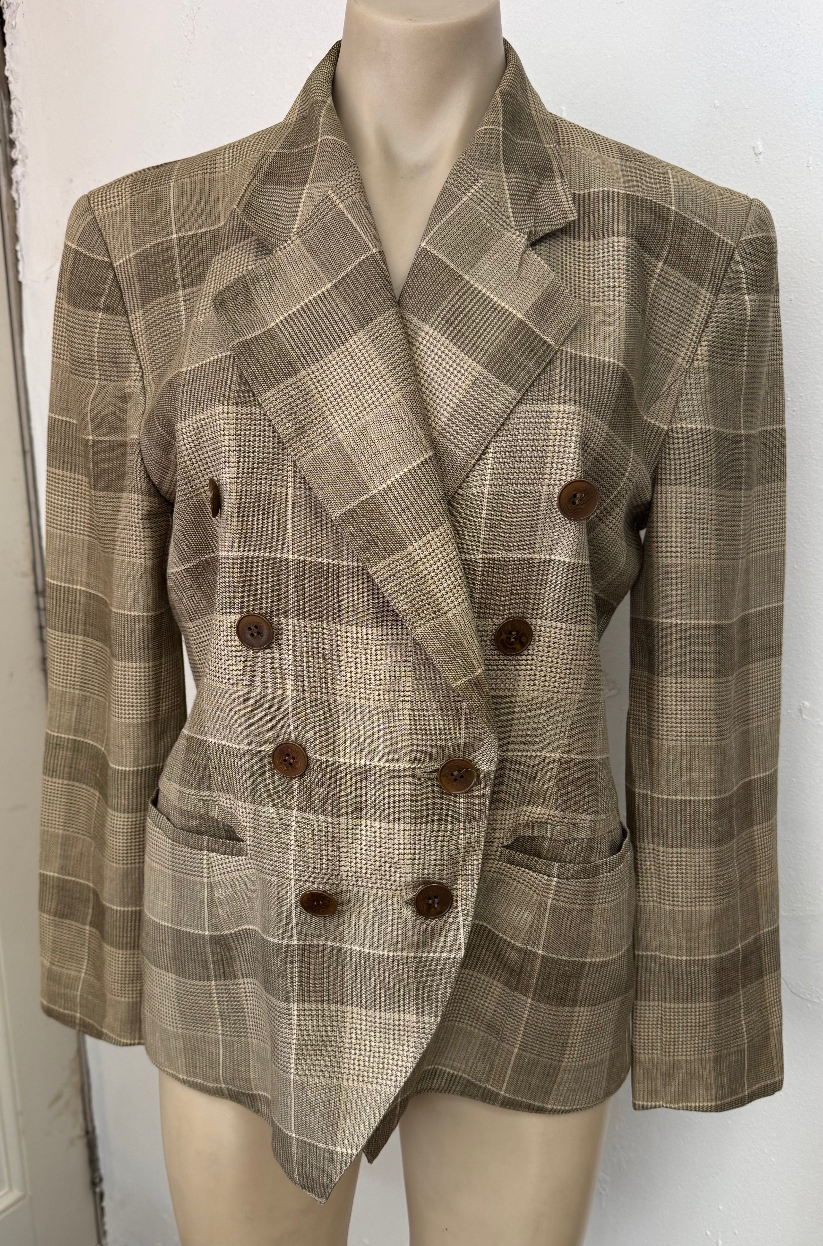Escada Double Breasted Plaid Linen Jacket